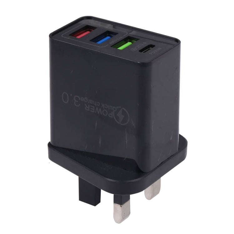 AR-2025 4 in 1 QC3.0 PD20W 3xUSB + USB-C / Type-C Wall Travel Charger, UK Plug(Black)