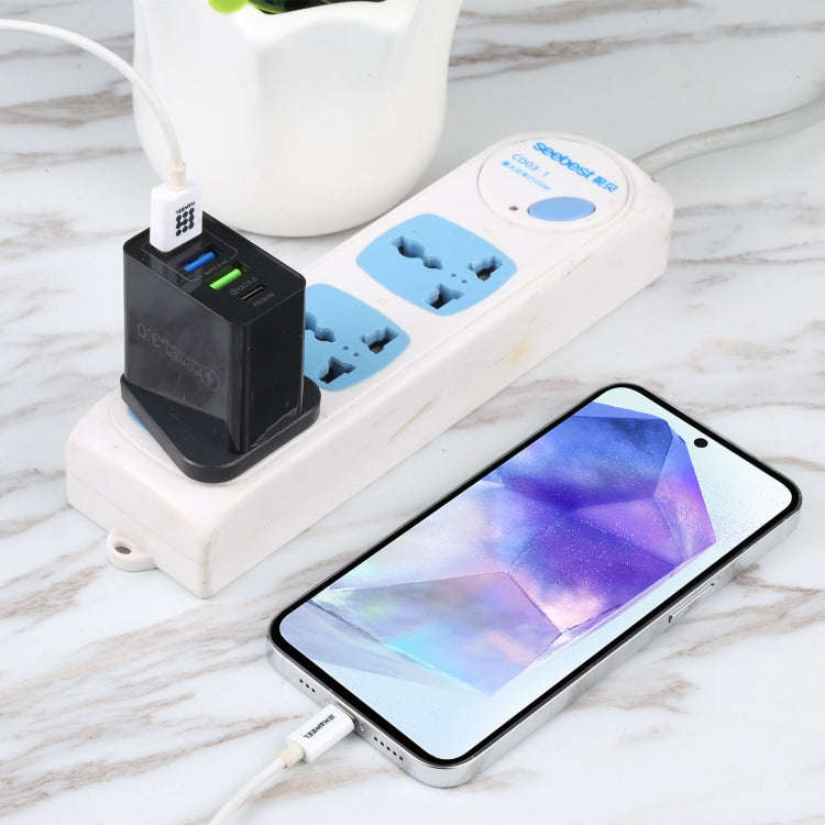 AR-2025 4 in 1 QC3.0 PD20W 3xUSB + USB-C / Type-C Wall Travel Charger, UK Plug(Black)