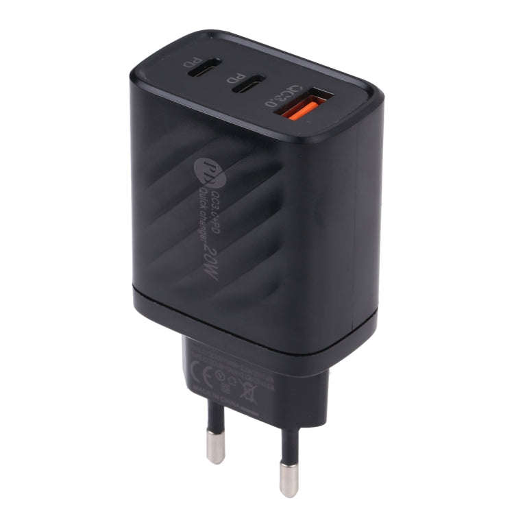 AR-892 3 in 1 QC3.0 PD20W USB + USB-C / Type-C Wall Travel Charger, Plug Type:EU Plug(Black)