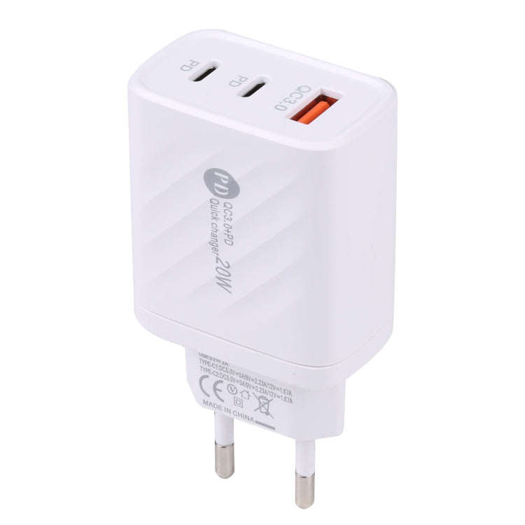 AR-892 3 in 1 QC3.0 PD20W USB + USB-C / Type-C Wall Travel Charger, Plug Type:EU Plug(White)