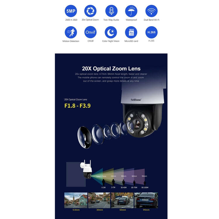 SriHome SH041 5.0MP 20X Optical Zoom 2.4G/5G WiFi IP66 Waterproof AI Auto Tracking H.265 Video Su...