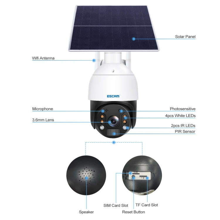 ESCAM QF724 3MP 24h Recording Cloud Storage PT 4G PIR Alarm IP Camera with Solar Panel, US Signal...