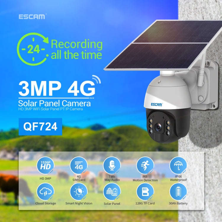 ESCAM QF724 3MP 24h Recording Cloud Storage PT 4G PIR Alarm IP Camera with Solar Panel, US Signal...