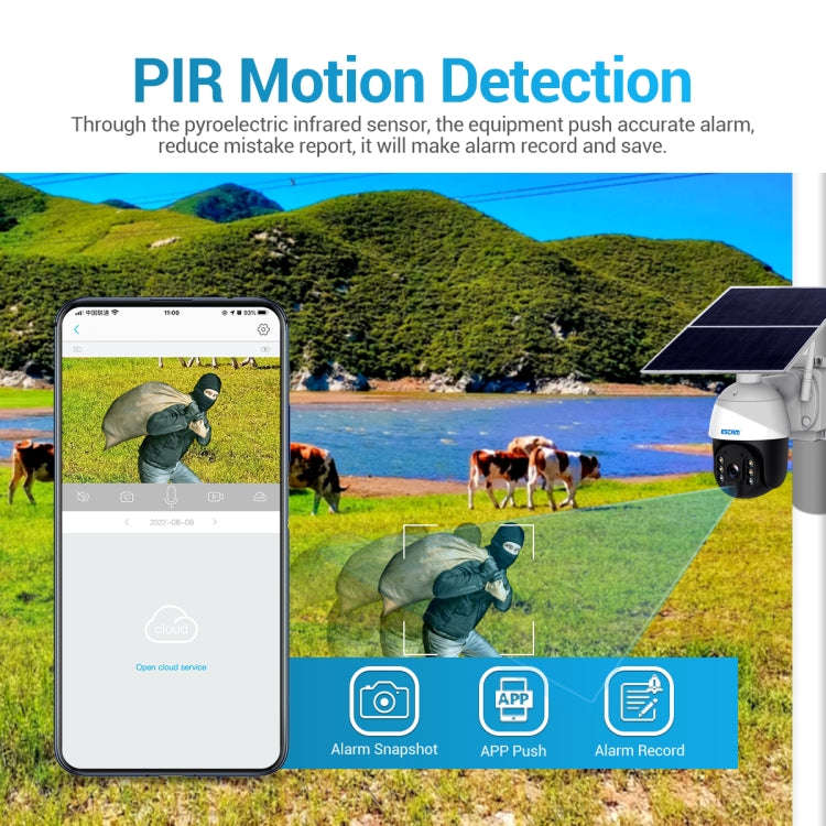 ESCAM QF724 3MP 24h Recording Cloud Storage PT 4G PIR Alarm IP Camera with Solar Panel, US Signal...