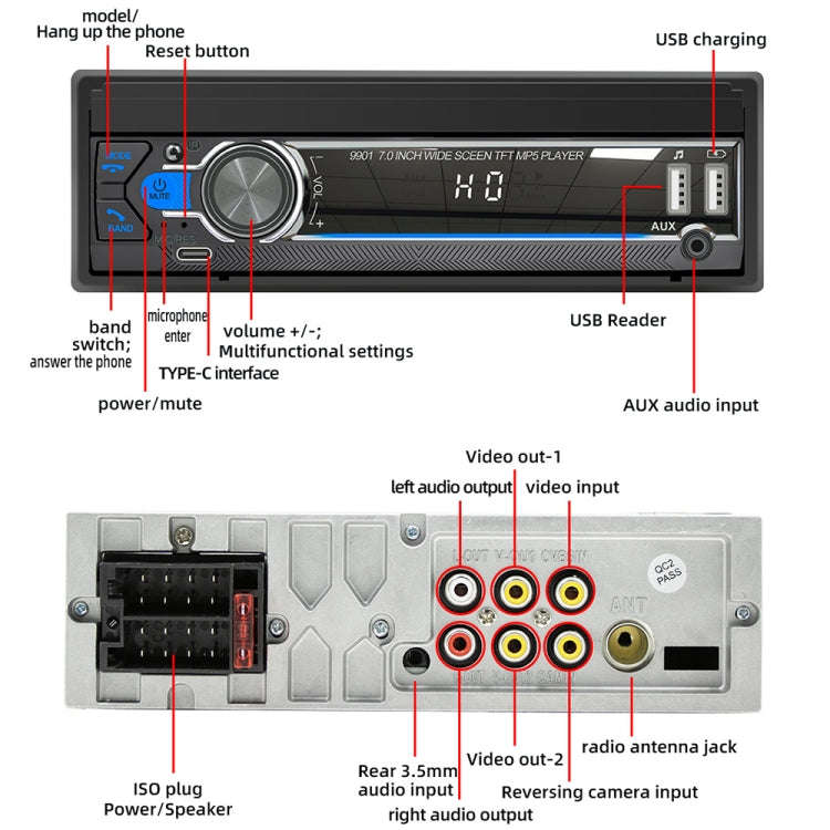 9901 7 inch Car  Retractable MP5 Player Supports FM & Mobile Phone Internet
