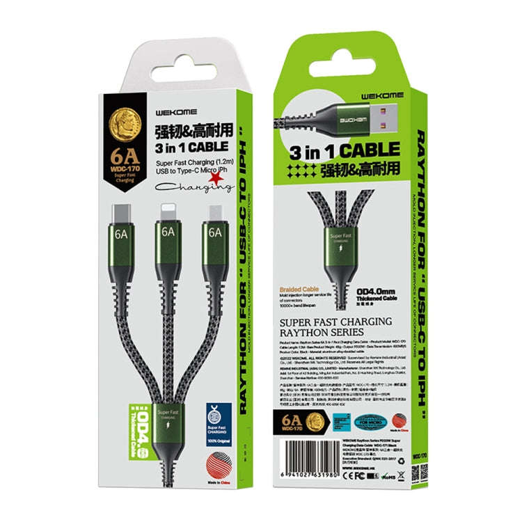 WEKOME WDC-170 Raython Series 6A 3 in 1 USB to 8 Pin+Type-C+Micro USB Fast Charge Data Cable Leng...