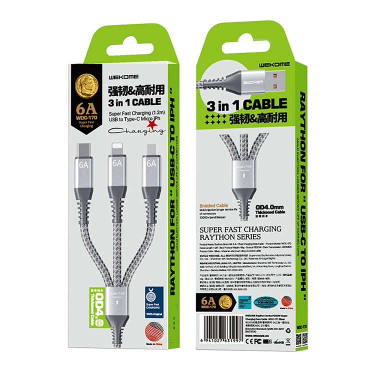 WEKOME WDC-170 Raython Series 6A 3 in 1 USB to 8 Pin+Type-C+Micro USB Fast Charge Data Cable Leng...