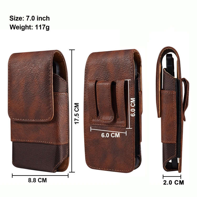 For 7.0 inch Mobile Phone Cowhide Texture Oxford Cloth Waist Bag(Brown)