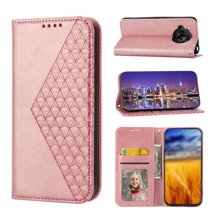 For Sharp Aquos R7 / P7 Cubic Grid Calf Texture Magnetic Closure Leather Phone Case(Rose Gold)