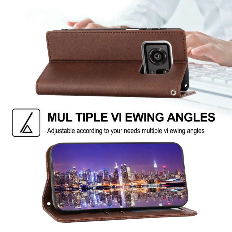 For Sharp Aquos R6 Cubic Grid Calf Texture Magnetic Closure Leather Phone Case(Brown)