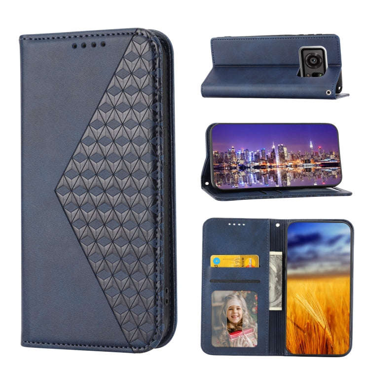 For Sharp Aquos R6 Cubic Grid Calf Texture Magnetic Closure Leather Phone Case(Blue)