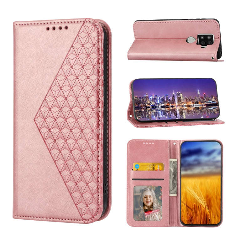 For Sharp Aquos Sense 4 Plus Cubic Grid Calf Texture Magnetic Closure Leather Phone Case(Rose Gold)