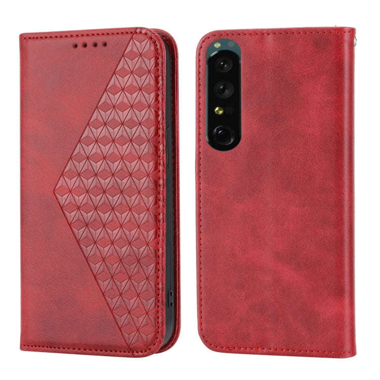 For Sony Xperia 1 IV Cubic Grid Calf Texture Magnetic Closure Leather Phone Case(Red)
