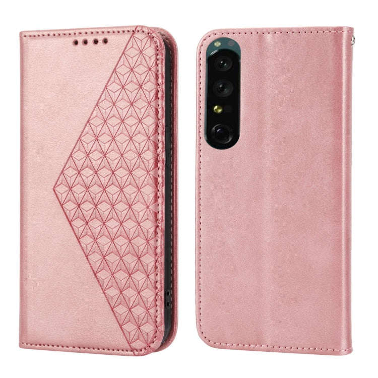 For Sony Xperia 1 IV Cubic Grid Calf Texture Magnetic Closure Leather Phone Case(Rose Gold)