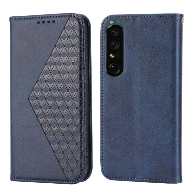 For Sony Xperia 1 IV Cubic Grid Calf Texture Magnetic Closure Leather Phone Case(Blue)