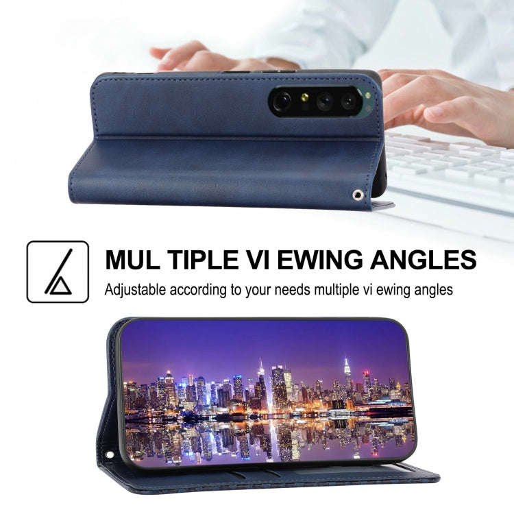 For Sony Xperia 1 IV Cubic Grid Calf Texture Magnetic Closure Leather Phone Case(Blue)