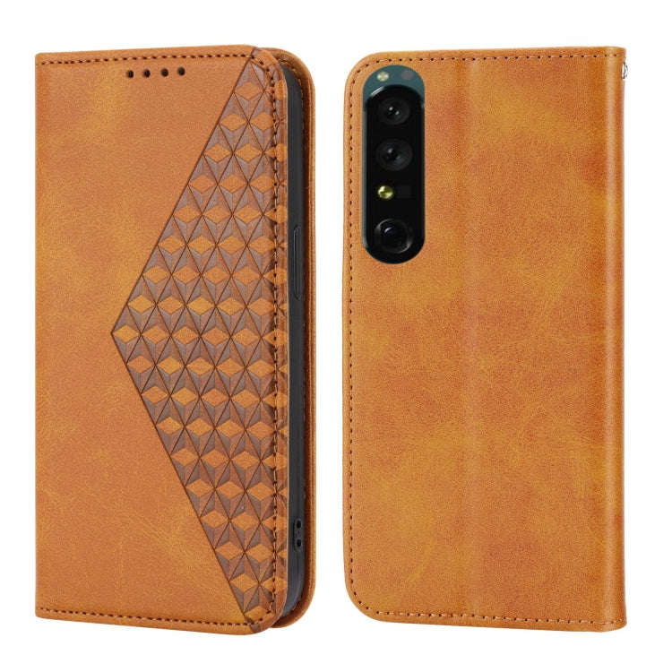 For Sony Xperia 1 IV Cubic Grid Calf Texture Magnetic Closure Leather Phone Case(Yellow)