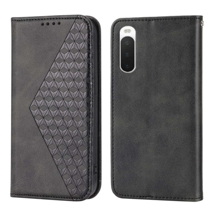 For Sony Xperia 10 IV Cubic Grid Calf Texture Magnetic Closure Leather Phone Case(Black)