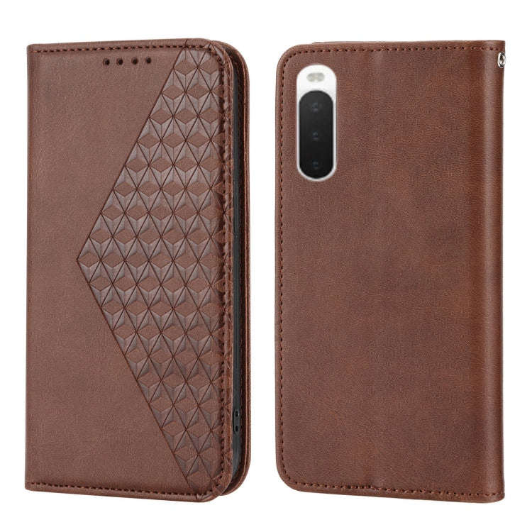For Sony Xperia 10 IV Cubic Grid Calf Texture Magnetic Closure Leather Phone Case(Brown)