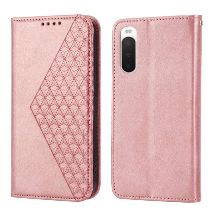 For Sony Xperia 10 IV Cubic Grid Calf Texture Magnetic Closure Leather Phone Case(Rose Gold)