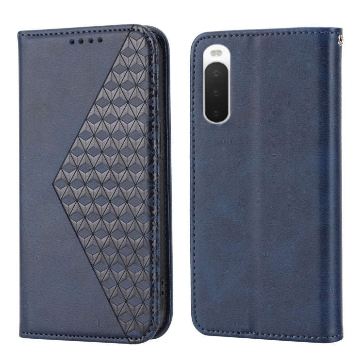 For Sony Xperia 10 IV Cubic Grid Calf Texture Magnetic Closure Leather Phone Case(Blue)