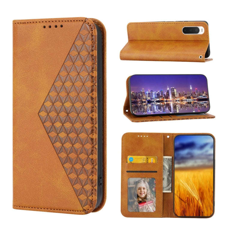 For Sony Xperia 10 IV Cubic Grid Calf Texture Magnetic Closure Leather Phone Case(Yellow)