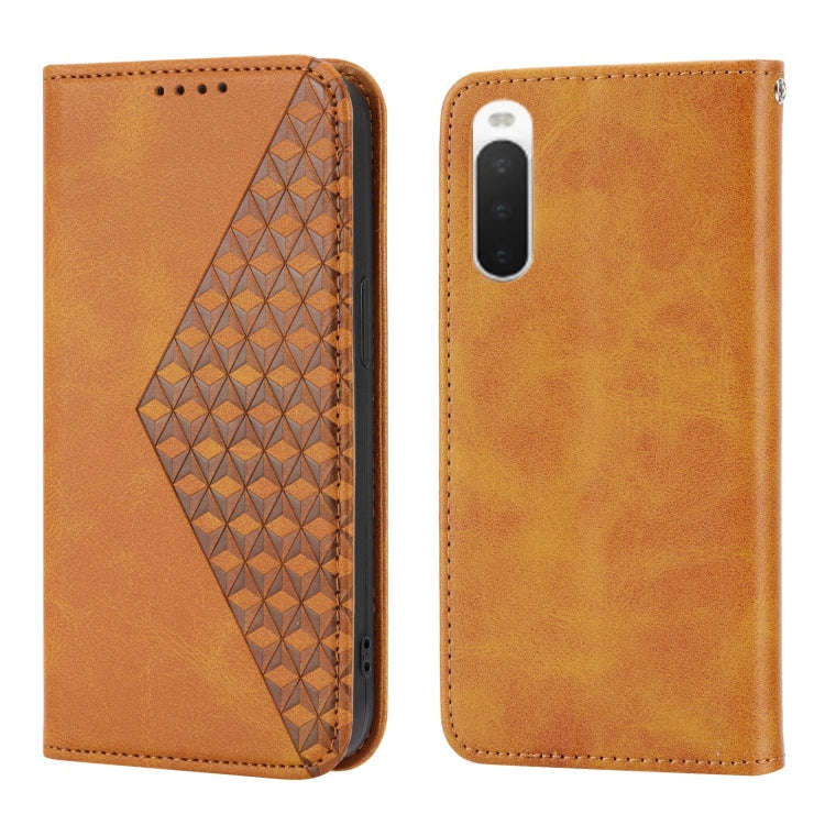 For Sony Xperia 10 IV Cubic Grid Calf Texture Magnetic Closure Leather Phone Case(Yellow)