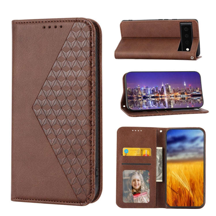 For Google Pixel 6 Cubic Grid Calf Texture Magnetic Closure Leather Phone Case(Brown)