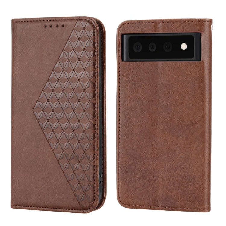 For Google Pixel 6 Cubic Grid Calf Texture Magnetic Closure Leather Phone Case(Brown)