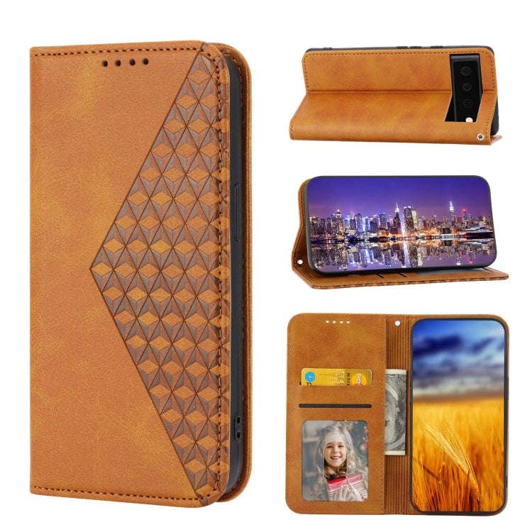For Google Pixel 6 Pro Cubic Grid Calf Texture Magnetic Closure Leather Phone Case(Yellow)