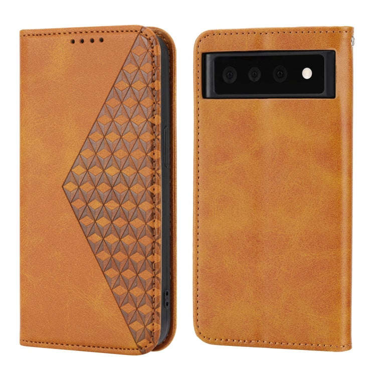 For Google Pixel 6 Pro Cubic Grid Calf Texture Magnetic Closure Leather Phone Case(Yellow)