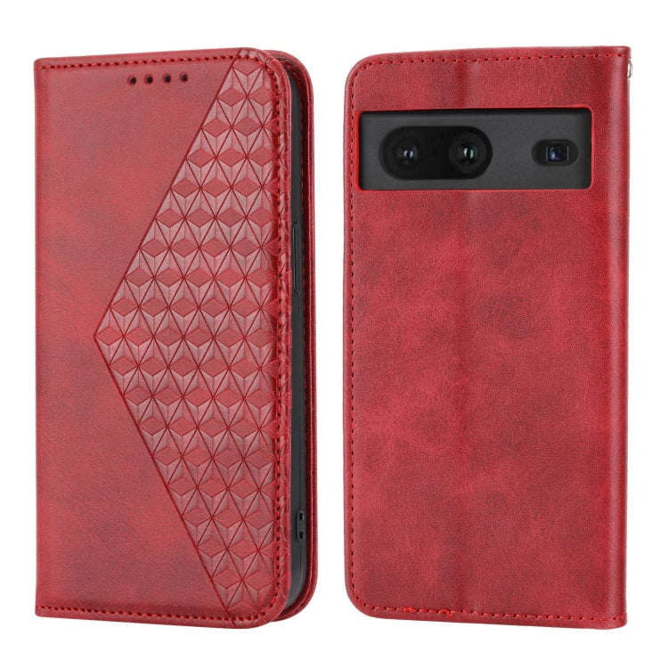 For Google Pixel 6a Cubic Grid Calf Texture Magnetic Closure Leather Phone Case(Red)