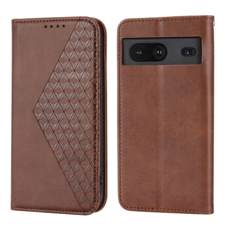 For Google Pixel 7 Cubic Grid Calf Texture Magnetic Closure Leather Phone Case(Brown)