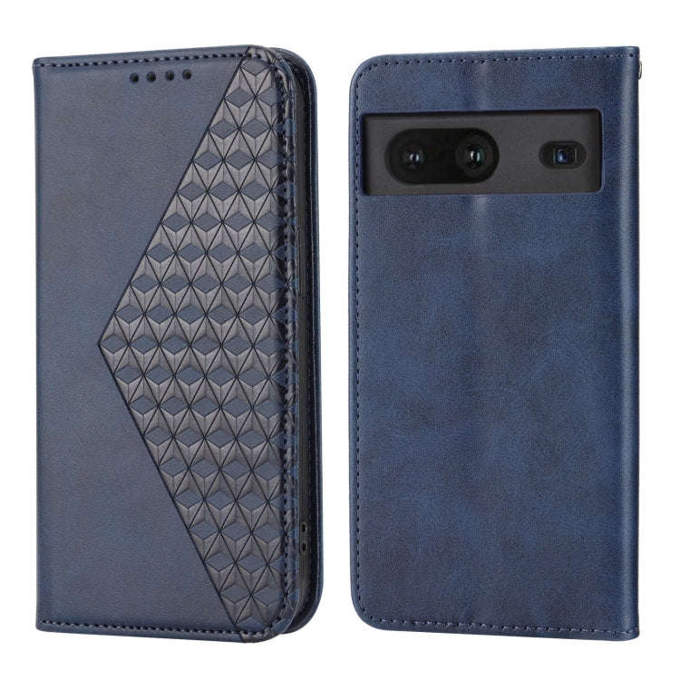 For Google Pixel 7 Cubic Grid Calf Texture Magnetic Closure Leather Phone Case(Blue)