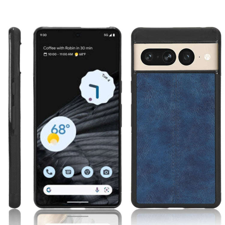 For Google Pixel 7 Pro 5G Shockproof Sewing Cow Skin Texture PC + PU + TPU Case(Blue)
