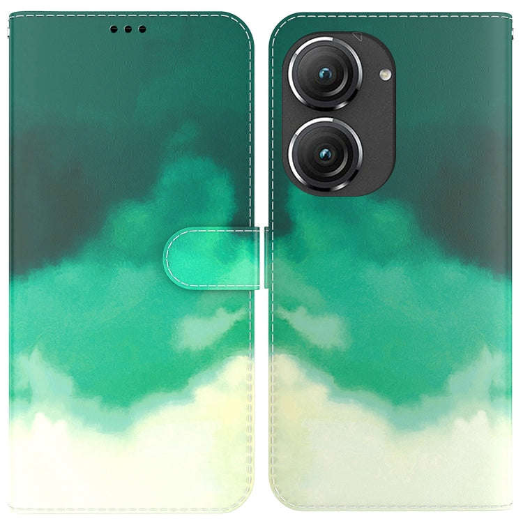 For Asus Zenfone 9 Watercolor Pattern Flip Leather Phone Case(Cyan Green)