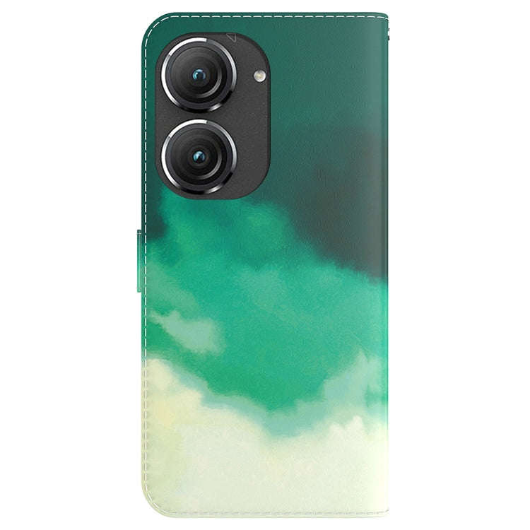 For Asus Zenfone 9 Watercolor Pattern Flip Leather Phone Case(Cyan Green)