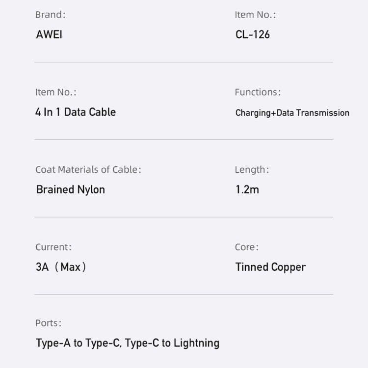 awei CL-126 1.2m 4 in 1 USB to USB-C / Type-C to 8Pin Data Fast Charging Cable(Black)