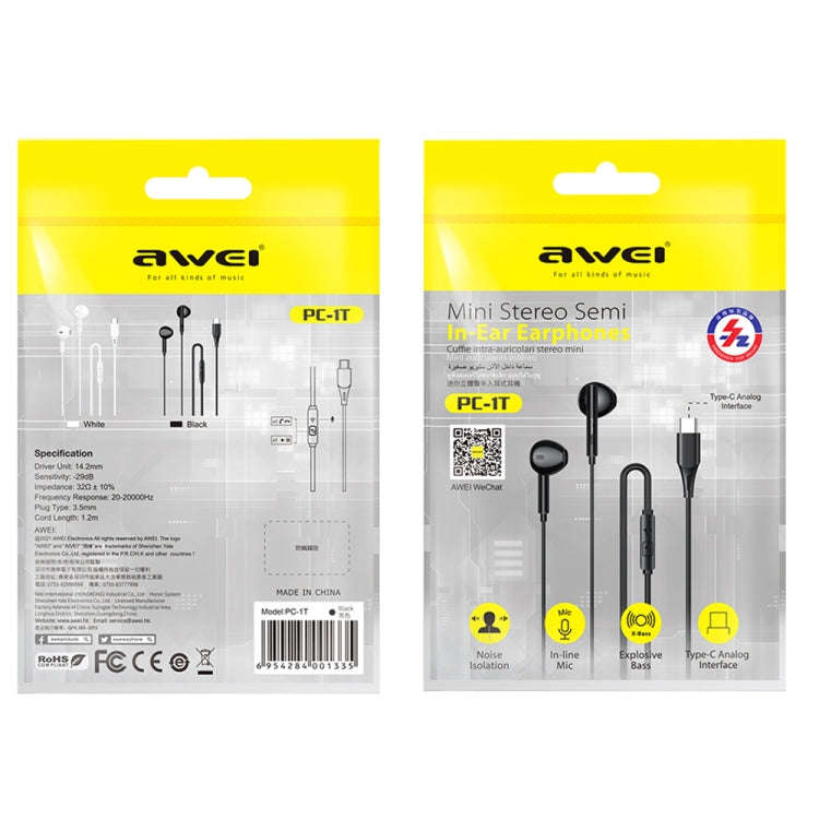 awei PC-1T 1.2m Mini Stereo Semi In-ear Earphones(White)