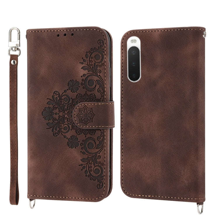 For Sony Xperia 1 IV Skin-feel Flowers Embossed Wallet Leather Phone Case(Brown)