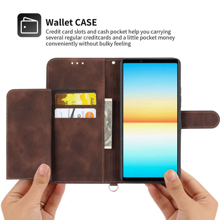 For Sony Xperia 1 IV Skin-feel Flowers Embossed Wallet Leather Phone Case(Brown)