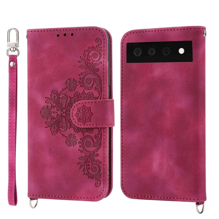 For Google Pixel 6 Skin-feel Flowers Embossed Wallet Leather Phone Case(Wine Red)