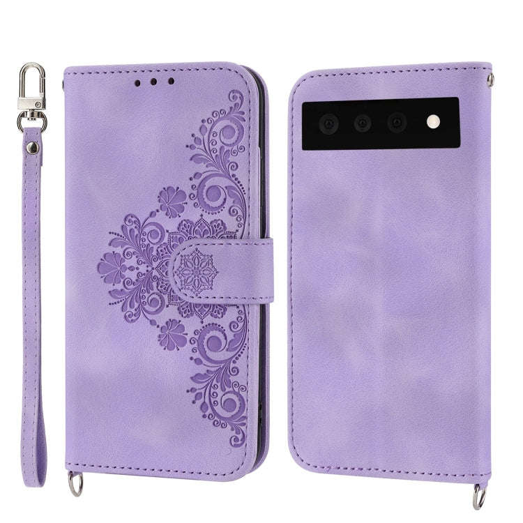 For Google Pixel 6 Pro Skin-feel Flowers Embossed Wallet Leather Phone Case(Purple)