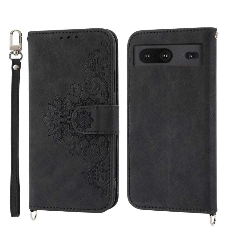 For Google Pixel 6a Skin-feel Flowers Embossed Wallet Leather Phone Case(Black)