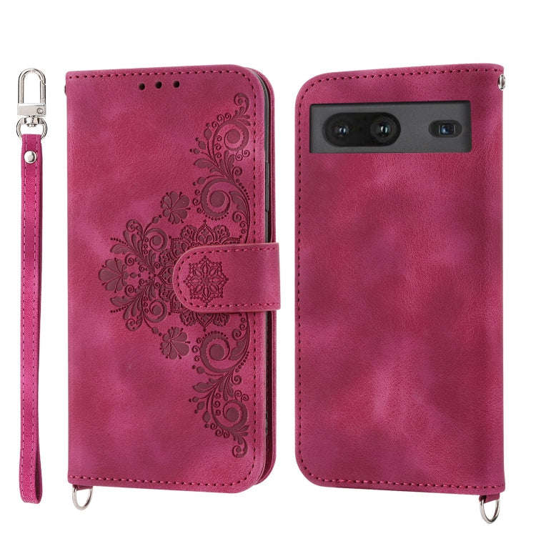 For Google Pixel 7 5G Skin-feel Flowers Embossed Wallet Leather Phone Case(Wine Red)