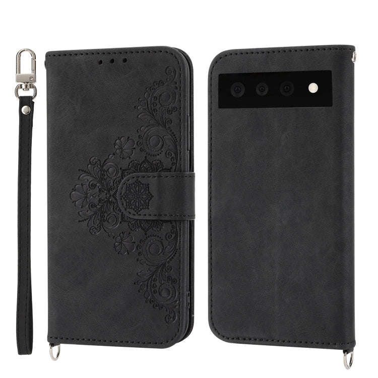 For Google Pixel 7 Pro 5G Skin-feel Flowers Embossed Wallet Leather Phone Case(Black)