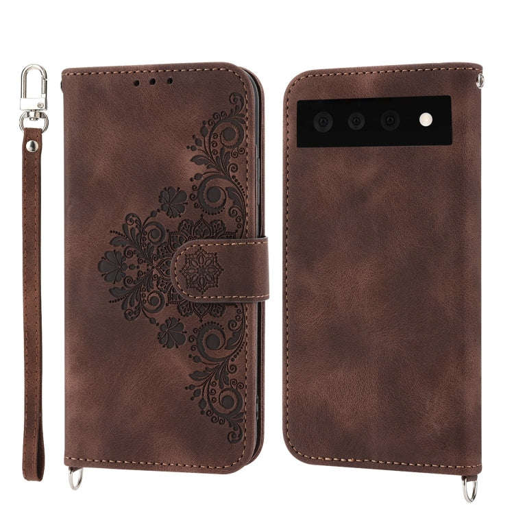 For Google Pixel 7 Pro 5G Skin-feel Flowers Embossed Wallet Leather Phone Case(Brown)