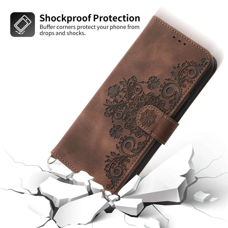 For Google Pixel 7 Pro 5G Skin-feel Flowers Embossed Wallet Leather Phone Case(Brown)