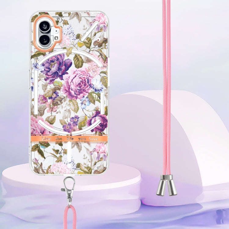 For Nothing Phone 1 Flowers Series TPU Phone Case with Lanyard(Purple Peony)