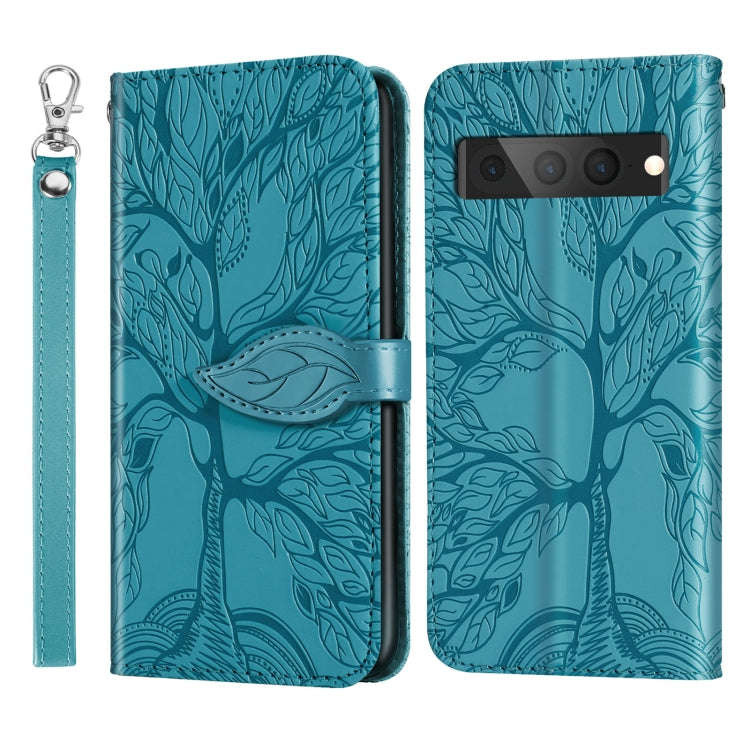 For Google Pixel 7 Pro Life Tree Embossing Pattern Horizontal Flip Leather Phone Case(Blue)